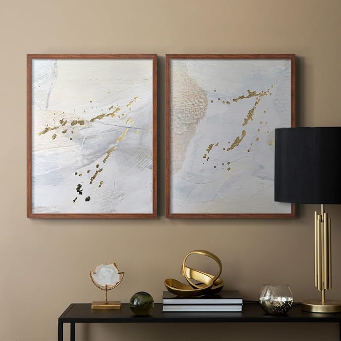 Renditions Gallery Set of 2 Peel & Stick Framed Prints, Modern Abstract Wall Art, Gold Sprinkle Oil Painting Wall Decor, Re-Stickable - Ready to Hang - 22"x28" - Walnut Frame LT588