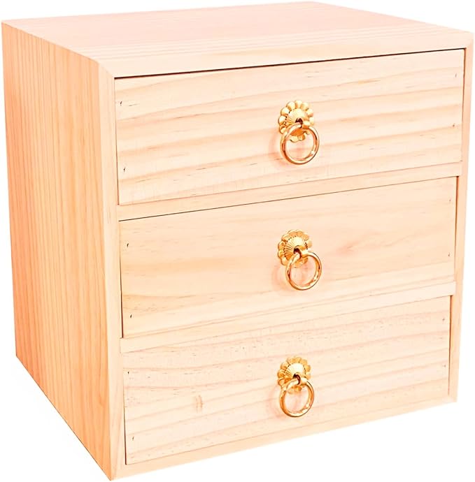 3 Layer Natural Wooden Storage Box with Drawers Desk Organizer Desk Accessories 3 Drawer Storage Organizer Wood Tabletop Organizer with Metal Handle for Home Office Counter Craft Decor
