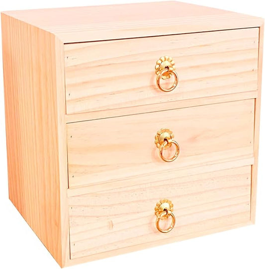 3 Layer Natural Wooden Storage Box with Drawers Desk Organizer Desk Accessories 3 Drawer Storage Organizer Wood Tabletop Organizer with Metal Handle for Home Office Counter Craft Decor