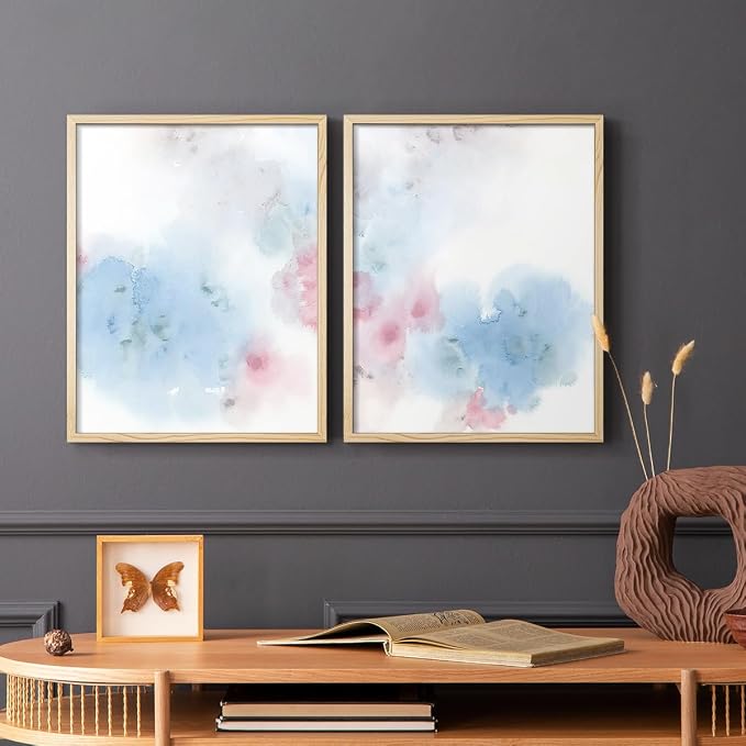 Renditions Gallery Set of 2 Peel & Stick Framed Prints, Watercolor Abstract Wall Art, Cotton Candy Splash Wall Decor, Re-Stickable - Ready to Hang - 11"x14" - NATURAL WOOD Frame LT588