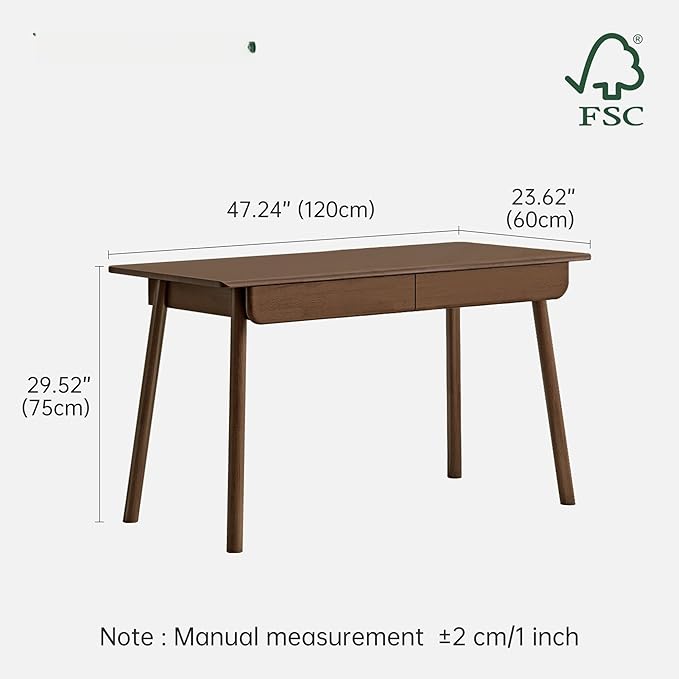 100% Solid Wood Desk with Drawers, Mid Century Modern Writing Desk, Walnut Color Office Desk for Study Bedroom Living Room 47.24" W