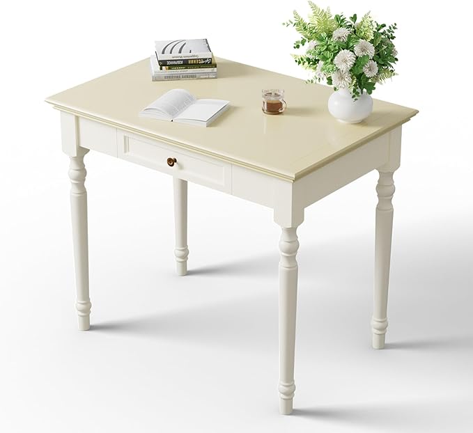 ADORZ Writing Desk with Drawers, 35 Inch French Country Desk Solid Wood Writing Desk for Home Office, Study Workspace or Bedroom (Off-White, 35 inches)