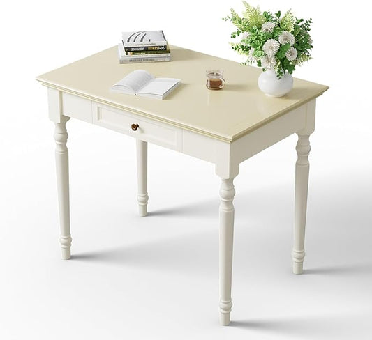 ADORZ Writing Desk with Drawers, 35 Inch French Country Desk Solid Wood Writing Desk for Home Office, Study Workspace or Bedroom (Off-White, 35 inches)