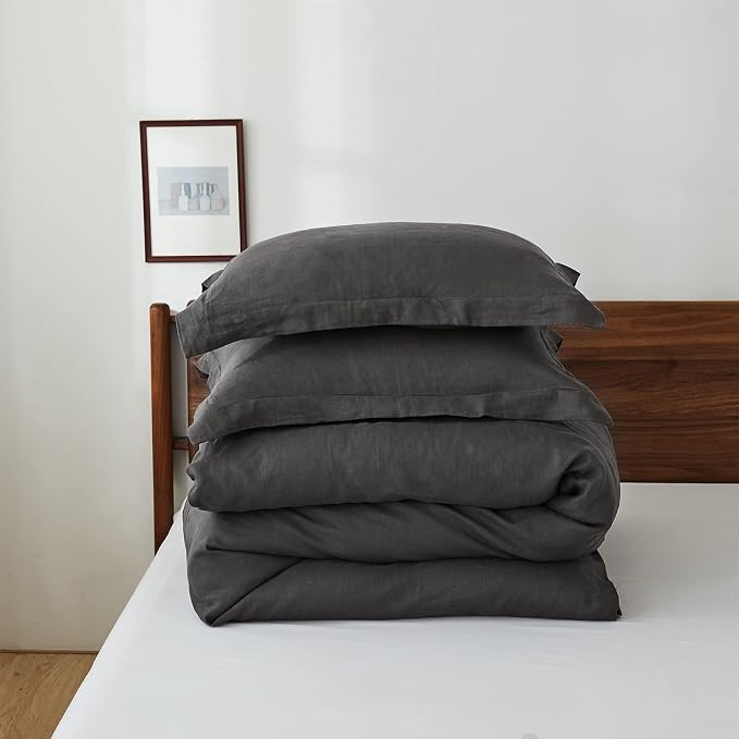 Simple&Opulence 100% Linen Duvet Cover Set, 3 PCS Natural French Flax Dark Grey Duvet Cover Queen Size, Breathable Soft Comfy Linen Bedding Comforter Cover with 2 Pillowcases(Dark Grey, 88"x92")