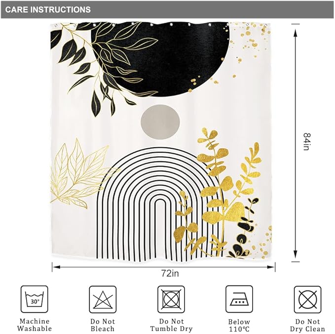 Riyidecor Black Gold Extra Long Shower Curtain for Bathroom Decor 72Wx84H Boho Mid Century Modern Abstract Gold Leaves Minimalist Geometric Art Printed Fabric Polyester Waterproof 12 Pack Plastic Hook