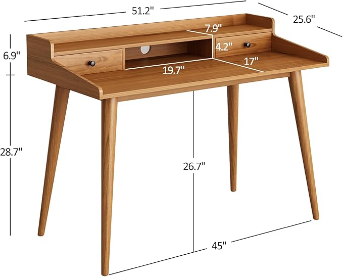 Mid Century Modern Desk, 51" Wood Home Office Writing Computer or Laptop Desk with Monitor Stand Riser and Open Storage Cubby, Vanity Desk with 2 Drawers (51.2"×25.6")