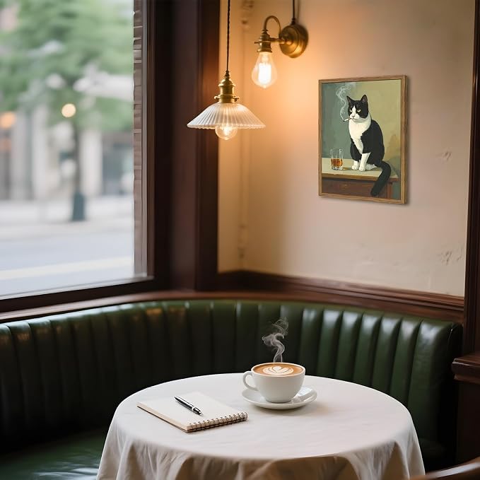 Funny Cat Wall Art Cute Black and White Tuxedo Cat with Cigarette Wall Decor Painting Vintage Animal Bar Poster Canvas Picture Print for Living Room Bedroom 12x16 inch Wood Framed
