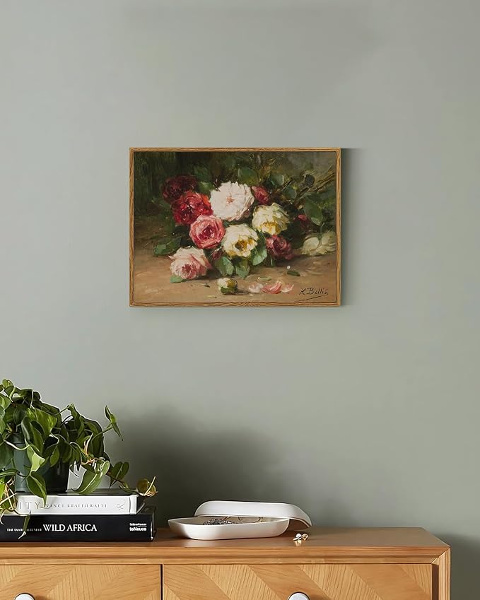 ARPEOTCY Vintage Framed Canvas Wall Art, Red Roses Floral Paintings Canvas Art Decor Aesthetic, Retro Flower Still Life Wall Pictures for Room Decoration, 12x16 Inch