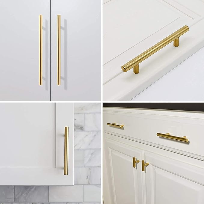 Haliwu 5 Pack Cabinet Handles Brass Gold Cabinet Pulls 3-3/4 Inch Hole Center Drawer Pulls Modern Bar Dresser Handles for Bathroom Kitchen Bedroom