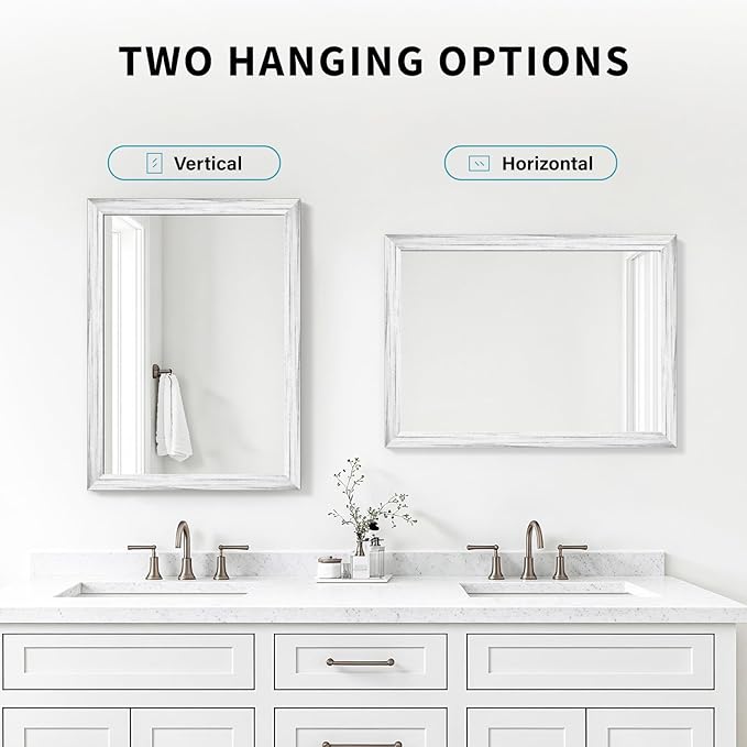 White Wood Effect Framed Wall Mirror, 16x20 Rectangle Mirror, 1/8" Anti-desilvering Tempered Glass, Sustainable& Sturdy Frame, Anti-Rust, HD Reflection &3min Fast Setup for Bathroom Living Room
