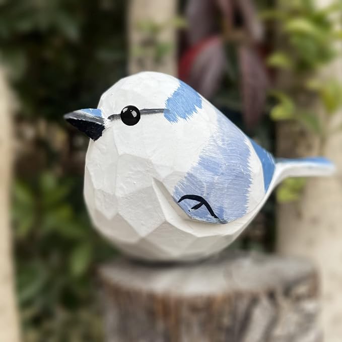 Bird Figurines Hand Carved Painted Wooden Statues for Home Decor, Gift for Bird Lovers,Housewarming, Birthday, Christmas, Anniversaries (NO.09-Azure Tit)
