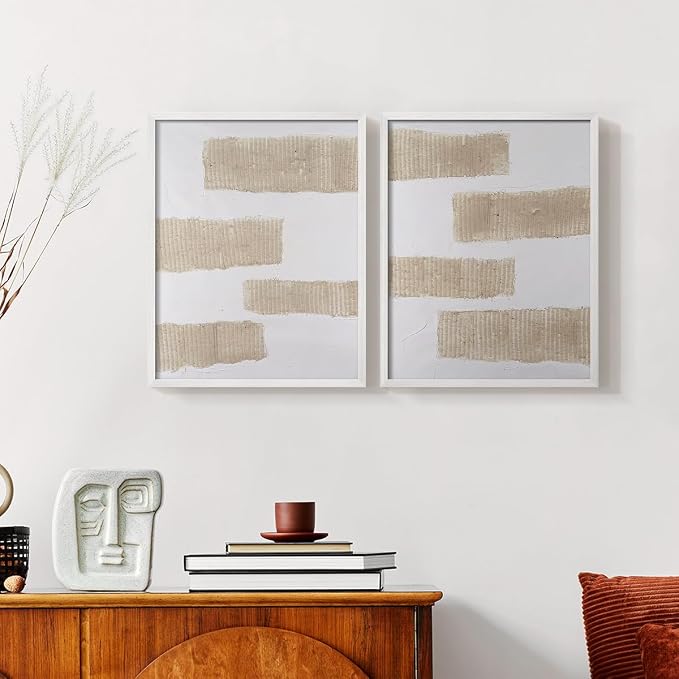 Renditions Gallery Set of 2 Peel & Stick Framed Prints, Modern Abstract Wall Art, Textured Brush Strokes Wall Decor, Re-Stickable - Ready to Hang - 11"x14" - White Frame LT588