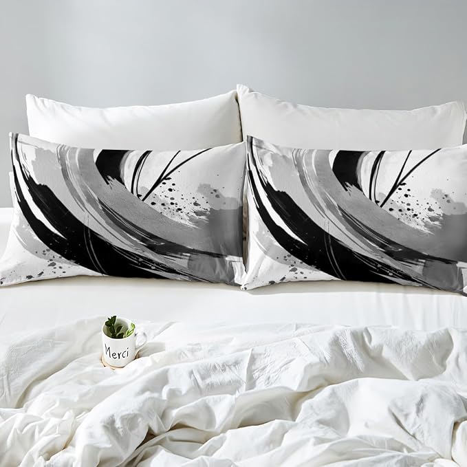 Erosebridal Black and Grey Duvet Cover King - Geometric Decorative Abstract Bedding Modern Striped Bed Set for Boys Adults Girls Minimalists Graffiti Aesthetic Lines Bed Cover 3 Pieces
