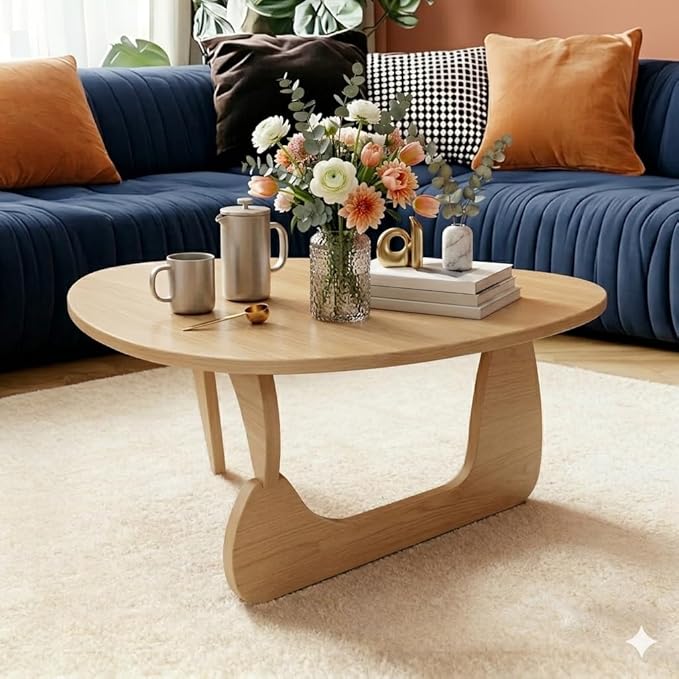 Solid Wood Coffee Table, Mid-Century Modern Triangle Center Table for Living Room, Irregular Natural Wood Tea Table, 43.3" L x 27.5" W x 16.5" H