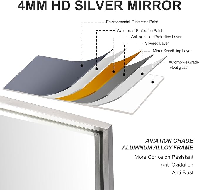 30x30 Inch Silver Bathroom Mirror - Copper-Free Mirror, Aluminum Alloy Frame Vanity Rectangle Wall Mounted Modern Mirror for Bedroom/Living Room/Porch Horizontal or Vertical