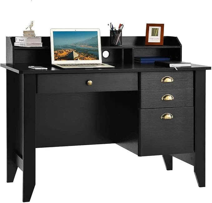 4EVERWINNER Computer Desk with 4 Drawers and Extra Storage Hutch, Wooden Grain Vintage Executive Desk Modern Style Work Office Desk for Bedrooms Laptop Study Writing Table for Small Spaces, Black