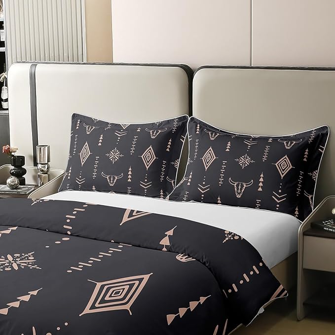 100% Organic Cotton Bull Skull Duvet Cover Twin Boho Bedding Set Ethnic Horns Bohemian Comforter Cover Brown Tribal Symbol Mysterious Aztec Bedroom Decor Abstract Geometric Quilt Cover For Men Boys
