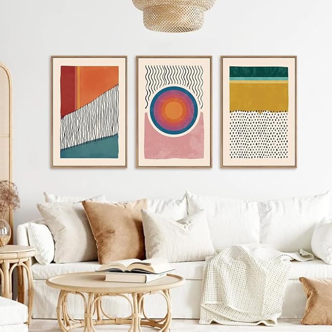 HPINUB Boho Framed Canvas Prints Wall Art Set, Mid-Century Abstract Color Block Shape Wall Decor, Geometric Illustrations Art Photos for Living Room, Bedroom, Dining Room, Office, Bathroom-24"x36"x3