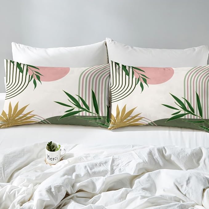 Erosebridal Abstract Geometric Duvet Cover Twin for Kids Boys Girls,Mid Century Green Pink Comforter Cover,Botanical Plant Leaves Bedding Set,Minimalist Simple Bed Set 2 Pcs Bedroom Decor
