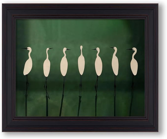 Japanese Cranes Wall Art 12x16 inch Vintage Framed Retro Bird Animal Canvas Poster Nature Minimalist Green Home Prints for Living Room Bedroom Office Decor