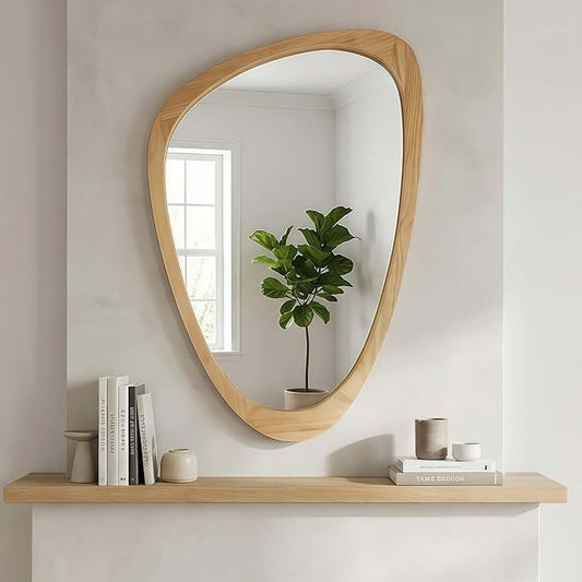 Majnesvon 24x36 Inch Asymmetrical Wall Mirror Wood,Rustic Irregular Shaped Vanity Mirror for Bathroom,Bedroom, Living Room, Entryway, Fireplace,Wall Decor,Solid Wooden Frame (Oak, 24"x36" Inch)