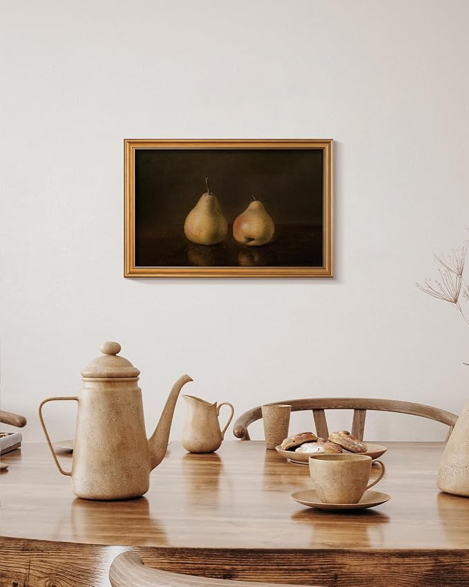 HUARCEY Gold Framed Vintage Wall Art for Living Room, Pear Fruits Painting Prints Shelf Decor for Kitchen, Aesthetic Bedroom Wall Art Decor, Christmas Gift for Friends or Family (Two Pears 16"x24")