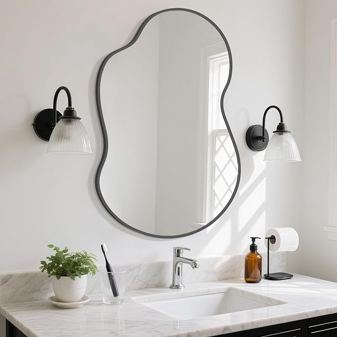 HOMECOOKIN 36" H x 24" W Irregular Wall Mirror, Asymmetrical Decorative Mirror with Black Aluminum Frame, Wavy Abstract Black Mirror, for Living Room, Bedroom, Bathroom, Entryway, Cloakroom