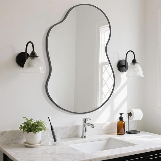 HOMECOOKIN 36" H x 24" W Irregular Wall Mirror, Asymmetrical Decorative Mirror with Black Aluminum Frame, Wavy Abstract Black Mirror, for Living Room, Bedroom, Bathroom, Entryway, Cloakroom