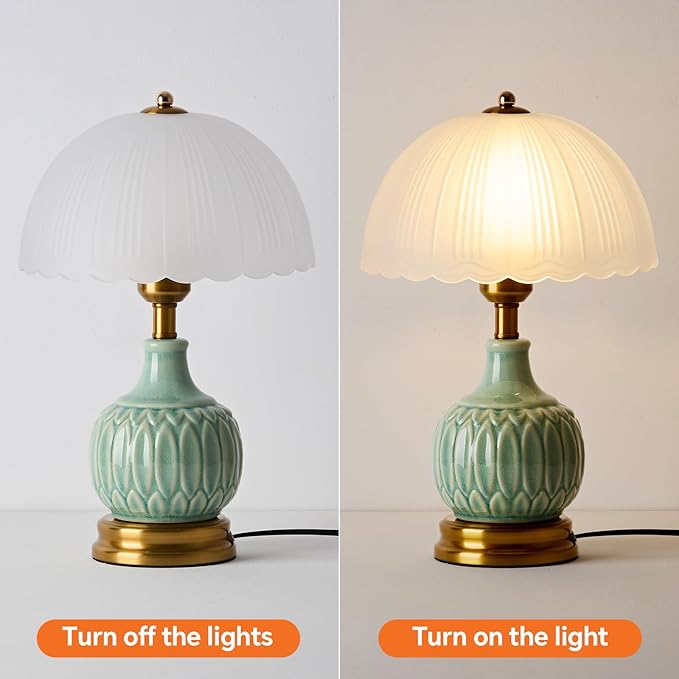 Ceramic Table lamp Set of 2, Modern Bedside Lamps Green Mid Century Vintage Desk Lamp Retro Glass Mushroom Traditional Lamp for Nightstand Living Room Bedroom Home Decor (S03GN-2PACK)