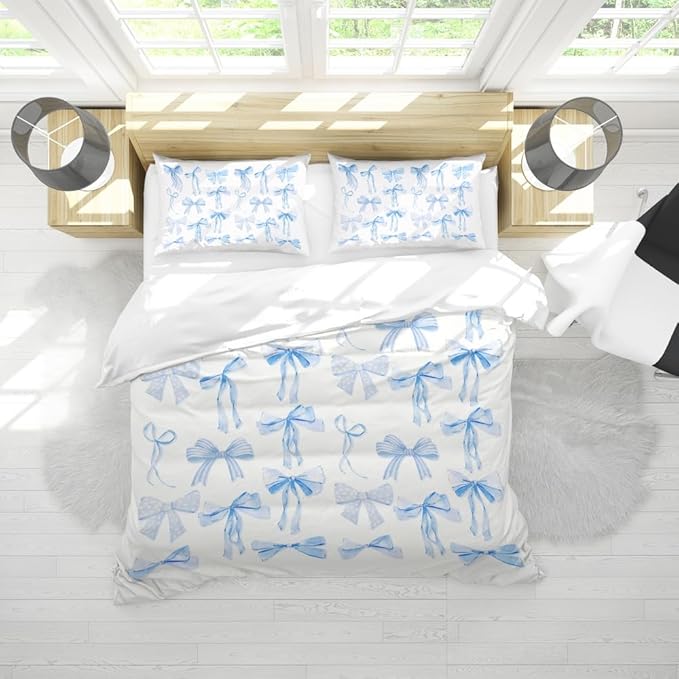 Trendy Blue Bow Duvet Cover Twin Size Dreamy Princess Style Bedding Set Bowknot Bed Cover,Kids Girls Super Soft Bedding Set for Teens Funky Preppy Coquette Girly Room Bed Decor 68"x88"