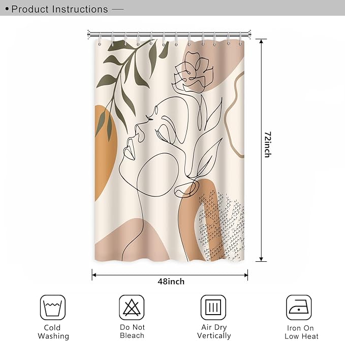 Abstract Woman Face Bathroom Shower Curtain - Mid Century Boho Modern Geometric With Hooks, Polyester Waterproof Fabric, Minimalist Art Line Aesthetic, 48x72 Inch