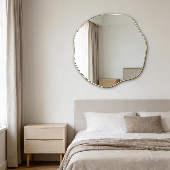 POZINO Irregular Wall Mirror, 35" Scalloped Asymmetrical Art Deco Mirror, Gold Organic Shape Frameless Mirrors for Entryway Living Room Bedroom Hallway, Horizontal or Vertical Hanging