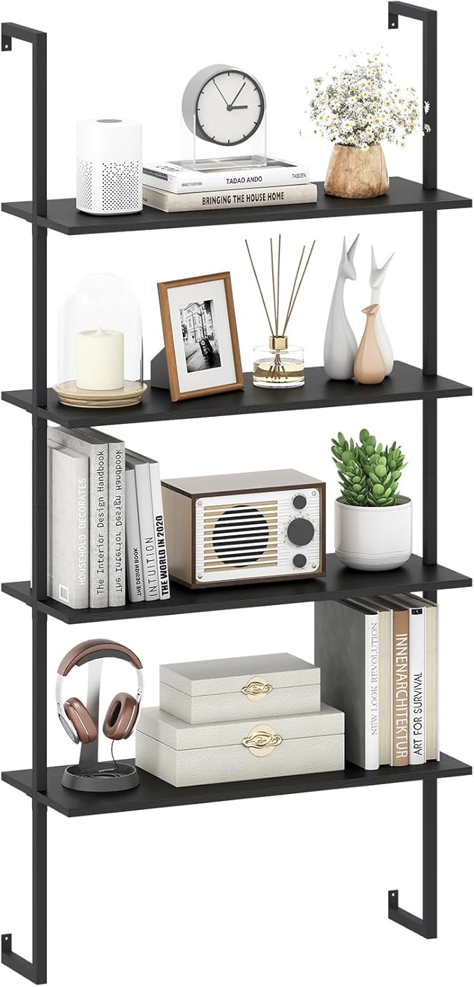Tangkula 4-Tier Wall-Mounted Bookshelf, Industrial Modern Floating Storage Display Shelves with Metal Frame, Wall-Mounted Ladder Wooden Bookcase for Living Room, Kitchen, Bar, Office (1, Black)
