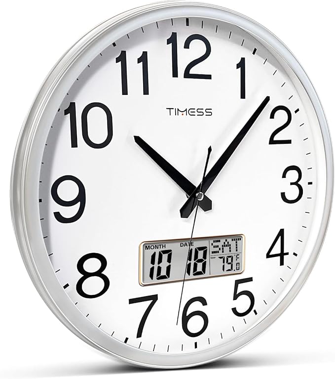 TIMESS Wall Clock, 11 Inch Non-Ticking Silent Battery Operated Quartz Analog with LCD Display for Perpetual Calendar and F° Temperature, Ideal Modern Home, Bedroom, Kitchen, Office Décor (Sliver)