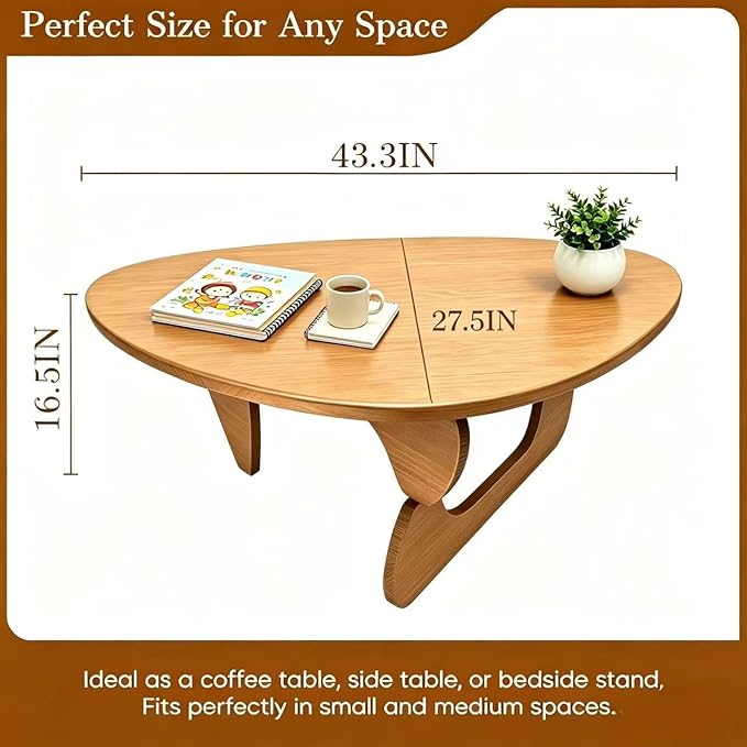 Solid Wood Coffee Table, Mid-Century Modern Triangle Center Table for Living Room, Irregular Natural Wood Tea Table, 43.3" L x 27.5" W x 16.5" H