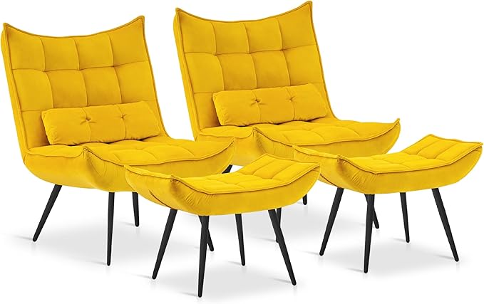 MCombo Accent Chair with Ottoman, Modern Velvet Wingback Lounge Chair, Upholstered Club Chair for Small Space, Living Room & Bedroom 4079 (2, Yellow)