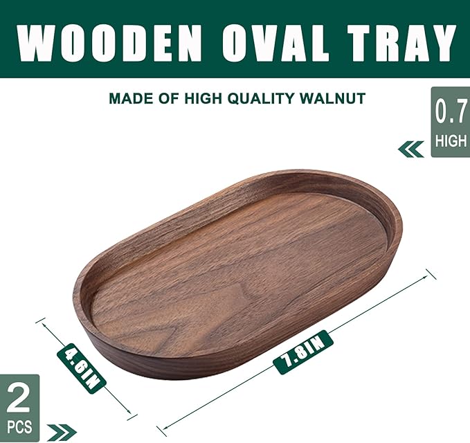 Mini Serving Trays for Parties, Small Decorative Tray for Tea＆Coffee, Oval Wooden Plates for Serving Food for Appetizer＆Vegetables for Bathroom 7.8"×4.6" (Walnut, Set of 2)