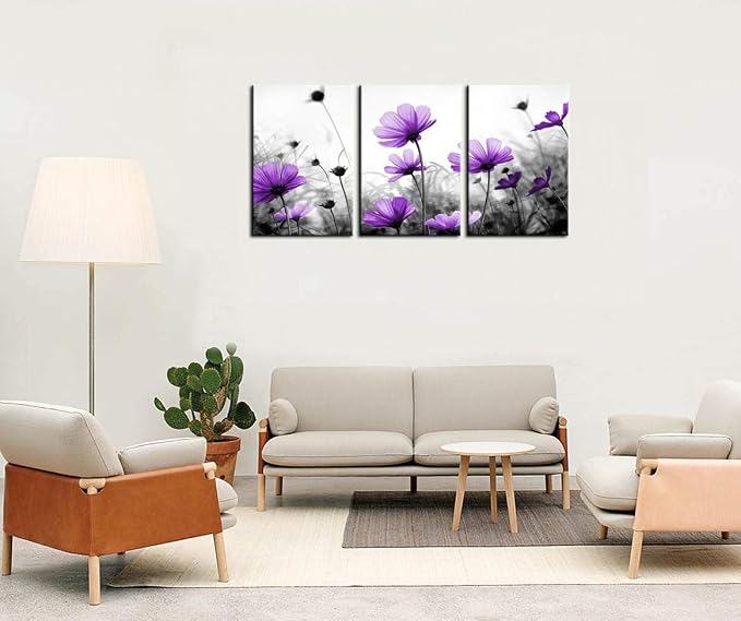Flowers Wall Art Canvas Pictures Purple Wildflowers Black and White Background 3 Piece Canvas Art Blossom Contemporary Artwork for Home Decoration Office Kitchen Wall Decor 16"x 24" x 3 Panels