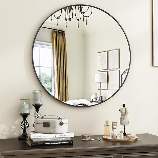 VooBang Black Round Bathroom Mirror, 20 inch Circle Wall Mounted Hanging Mirror with Simple Modern Circular Metal Frame for Hallway, Entryway, Living Room, Black Frame
