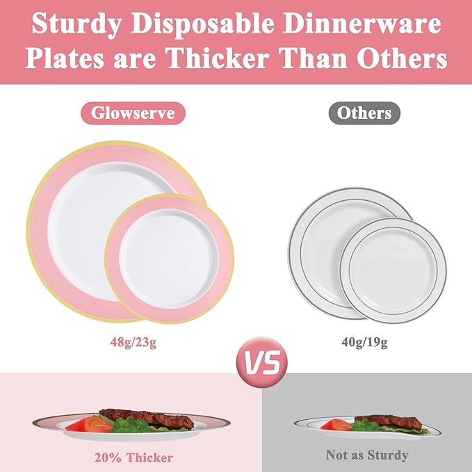 100PCS Pink Disposable Plastic Plates Include 50PCS 10.25inch Dinner Plate and 50PCS 7.5inch Dessert Plate Heavy Duty Plastic Dinnerware for Party Wedding Anniversary New Year
