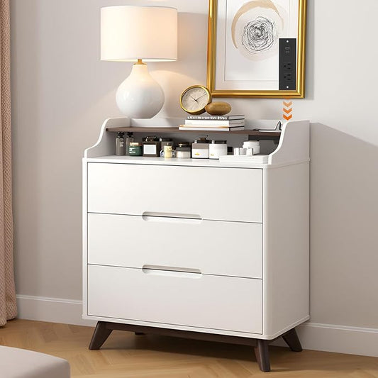 3 Drawer Dressers for Bedroom, 32" Large Wood Storage Dresser & Chest of Drawers with Charging Station, Wide Modern Dressers with 3 Drawer Storage Organizer for Bedroom Living Room Closet, White