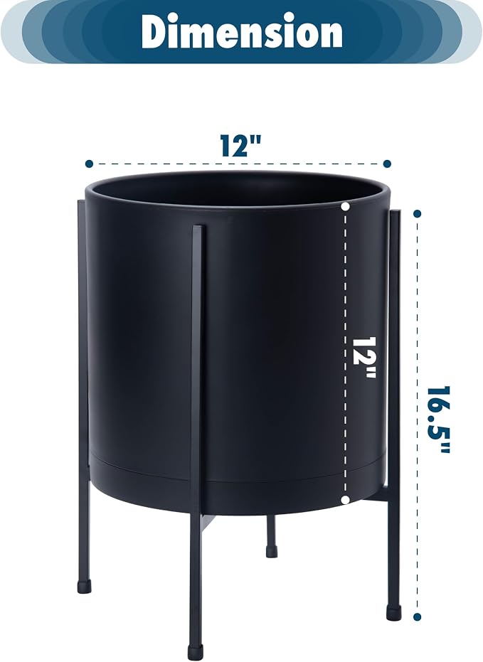 D'vine Dev 12 Inch Black Planter Pot with Stand – Modern Plastic Cylinder Flower Pot with Heavy-Duty Metal Stand for Indoor Plants, 55-D-B-3