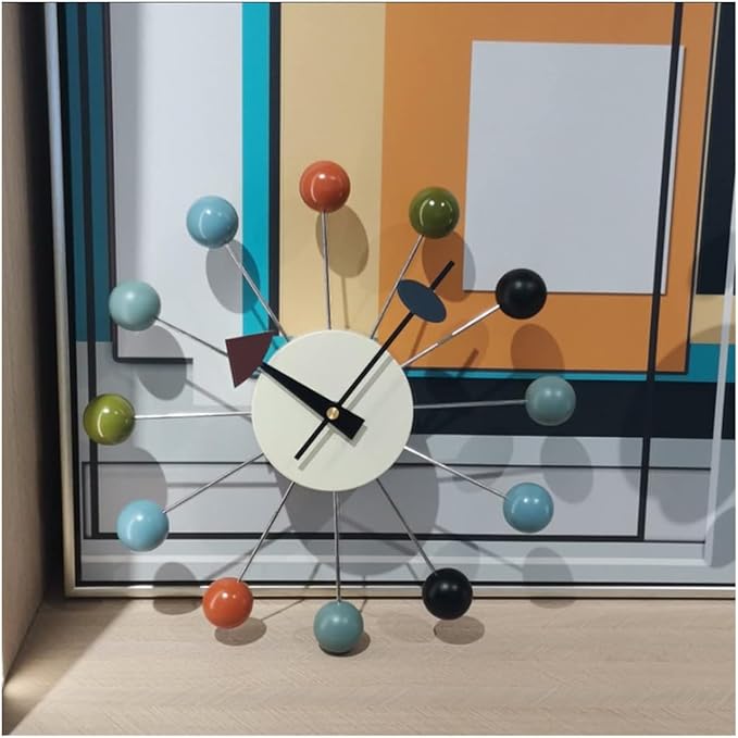 Wood Ball Wall Clock Mid Century Modern Silent Non Ticking Battery Operated 13 Inch Decorative Pop Color Quartz Clocks for Living Room Office Kitchen