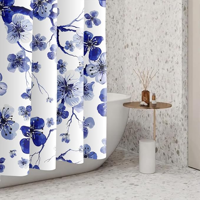 Plum Blossom Shower Curtain Watercolor Blue Floral Modern Art Painting Shower Curtains for Stall Bathroom Accessories Waterproof Polyester Fabric with Hooks, 36 x 72 Inch