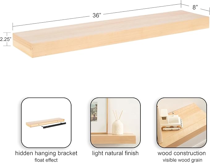 Kate and Laurel Havlock Modern Natural Floating Shelf; 36 x 8; Natural Wood; Functional Storage Shelf for Use as Entryway Display or Kitchen Spice Rack Shelf
