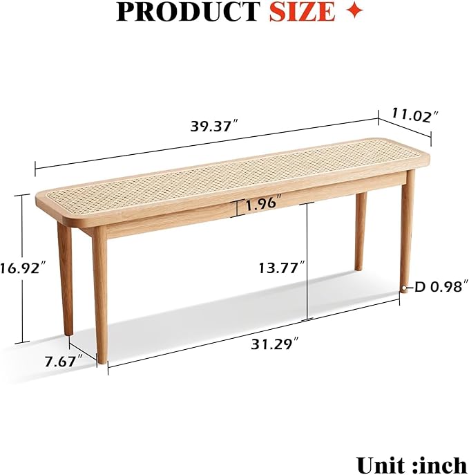 47’’-63’’ 100% Oak Extendable Dining Table and Bench Set for 2, Solid Wood Folding Kitchen Table, Mid Century Modern Dinner Table for Kitchen, Living Room, Natural (47''-63''+39''Rattan Bench)