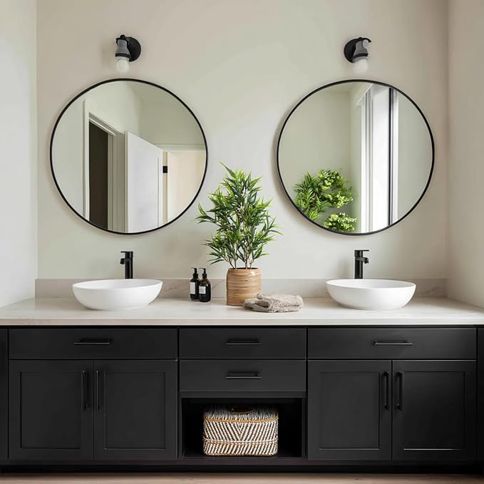 Sunniry Black Round Mirror 24 inch, 2 Pack Black Circle Mirror, Round Wall Mirrors Metal Frame for Bathroom, Bedroom, Living Room, Hallway.