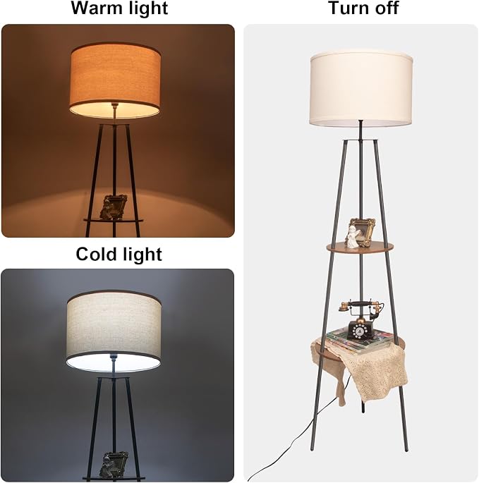 Tripod Floor Lamps for Living Room, Mid Century Floor Lamp with Shelf, 62" Standing Lamp Modern Floor Lamp with Beige Linen Texture Shade for Living Room, Bedroom, Office