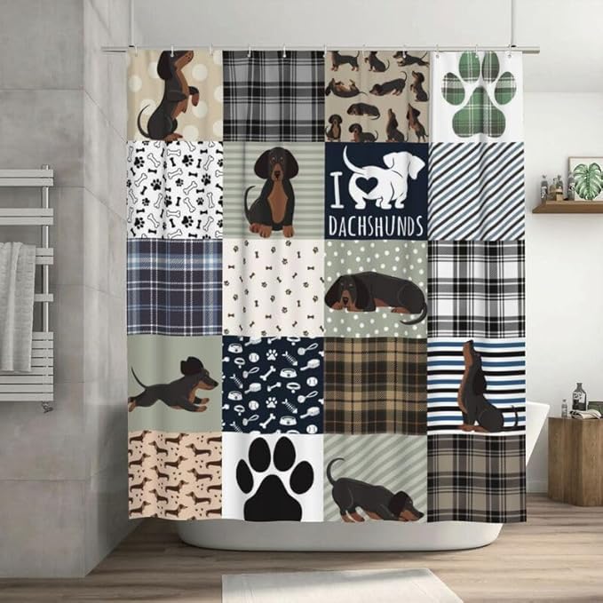 Dachshund Print Shower Curtain Dog Grey Brown Plaid Funny Animal Patchwork Pattern Duty Fabric Shower Curtains Set Bathroom Polyester Waterproof with 12 Hooks, 66x72Inch（168x183cm）