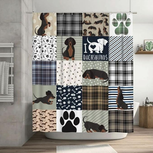 Dachshund Print Shower Curtain Dog Grey Brown Plaid Funny Animal Patchwork Pattern Duty Fabric Shower Curtains Set Bathroom Polyester Waterproof with 12 Hooks, 66x72Inch（168x183cm）